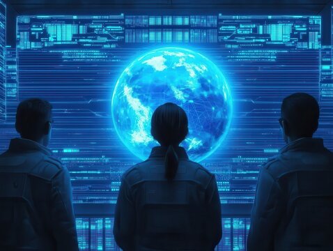Three figures observe a glowing digital globe, immersed in a high-tech environment filled with data displays and futuristic visuals.