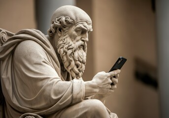 Ancient philosopher statue using a smartphone, blending tradition with modernity