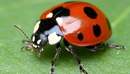 Naklejka premium Ladybug on Green Leaf Closeup. (2)