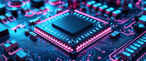 Obraz premium futuristic computer motherboard close-up with cpu chip - technology concept