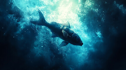 Fototapeta premium Moody underwater view of a fish heading toward the viewer, coin visible and reflecting light in its mouth, cinematic color grading, slow-motion effectHighly detailed, cinematic composition,