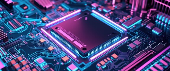 Fototapeta premium futuristic computer motherboard close-up with purple and blue illumination