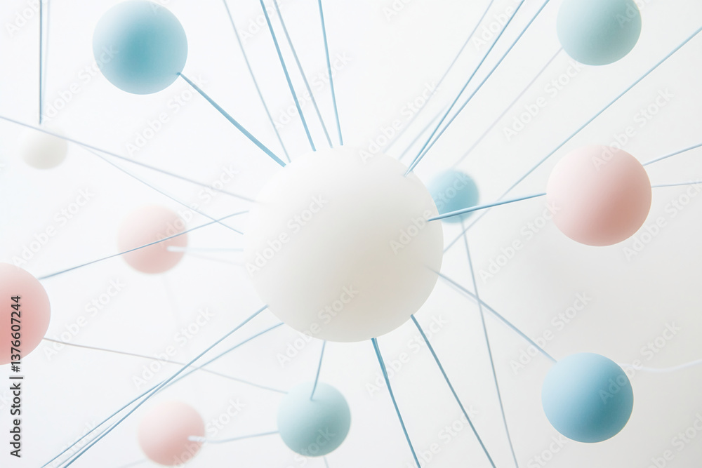 Aufkleber Pastel-colored spheres suspended by thin strings against a white background, creating a minimalist and interconnected visual, showcasing a concept of connection or network