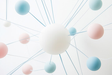 Pastel-colored spheres suspended by thin strings against a white background, creating a minimalist and interconnected visual, showcasing a concept of connection or network