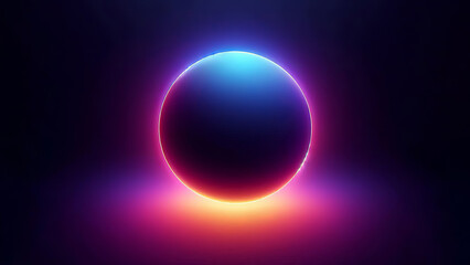 ilustracion digital abstracta con un fondo de gradiente suave. El diseño está dominado por una forma grande y circular de neon brillante, colocada centralmente.