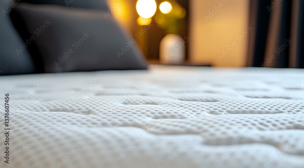 Poster close-up view of white textured mattress surface with soft bokeh lights in background, showing quilt