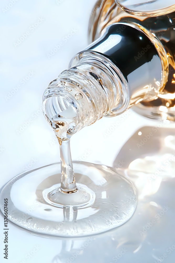 Poster clear liquid pouring from bottle into wine glass on white background, creating elegant stream with l
