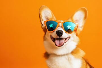 Fototapeta premium Happy Corgi Wearing Sunglasses Smiling Against A Bright Orange Background
