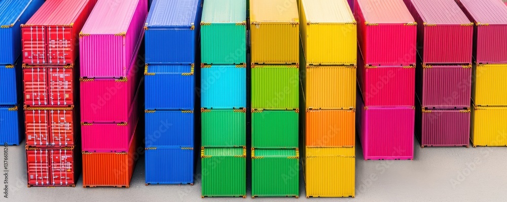 Poster a vibrant array of stacked shipping containers in various colors, showcasing a blend of red, blue, g