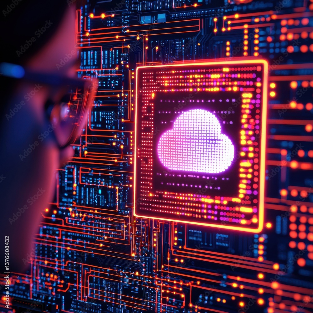 Aufkleber a close-up view of a person gazing at a colorful digital interface featuring a cloud symbol, represe