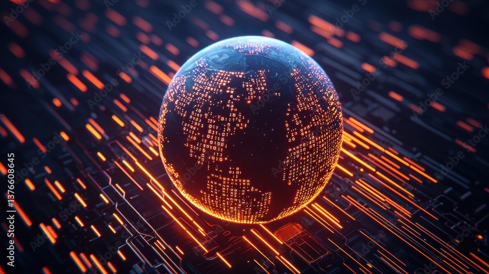 Poster a glowing digital globe surrounded by streams of light, representing technology and connectivity in 