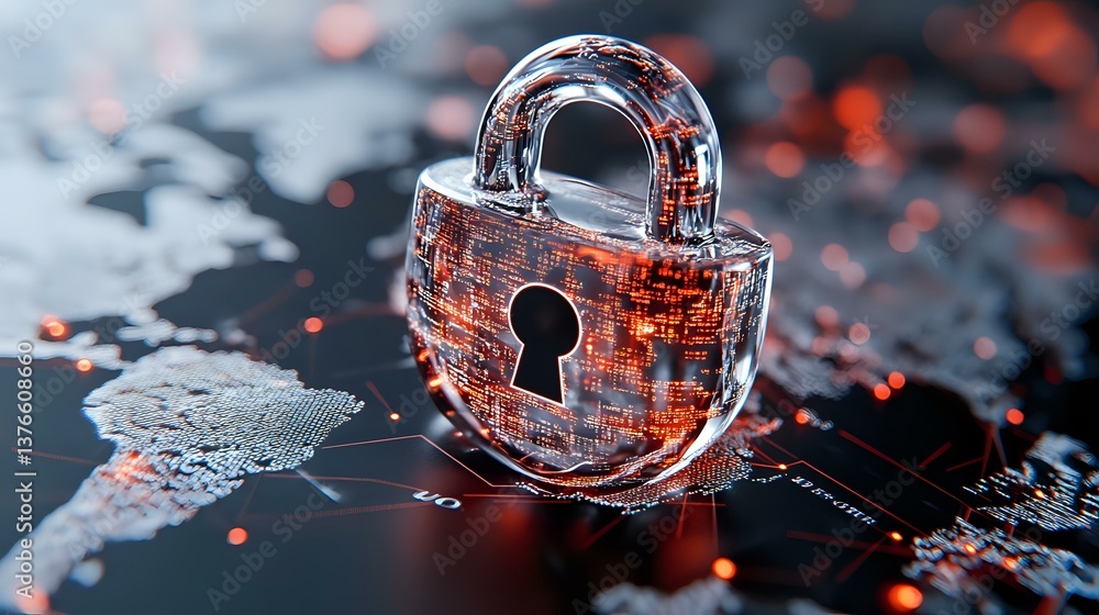 Poster digital padlock with glowing orange circuit pattern on dark background with binary code, representin