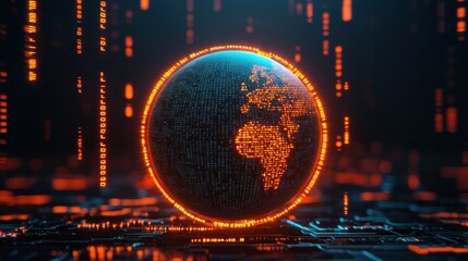 A digital globe surrounded by glowing orange binary code, representing technology and data flow in a modern, interconnected world.