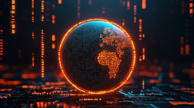 A digital globe surrounded by glowing orange binary code, representing technology and data flow in a modern, interconnected world.