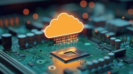 A digital drawing of a cloud icon over a circuit board, symbolizing cloud computing and technology integration.
