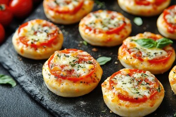 Assorted Mini Pizzas on a Rustic Stone Tray with Cheese and Fresh Tomatoes - A Delicious Snack for Every Occasion