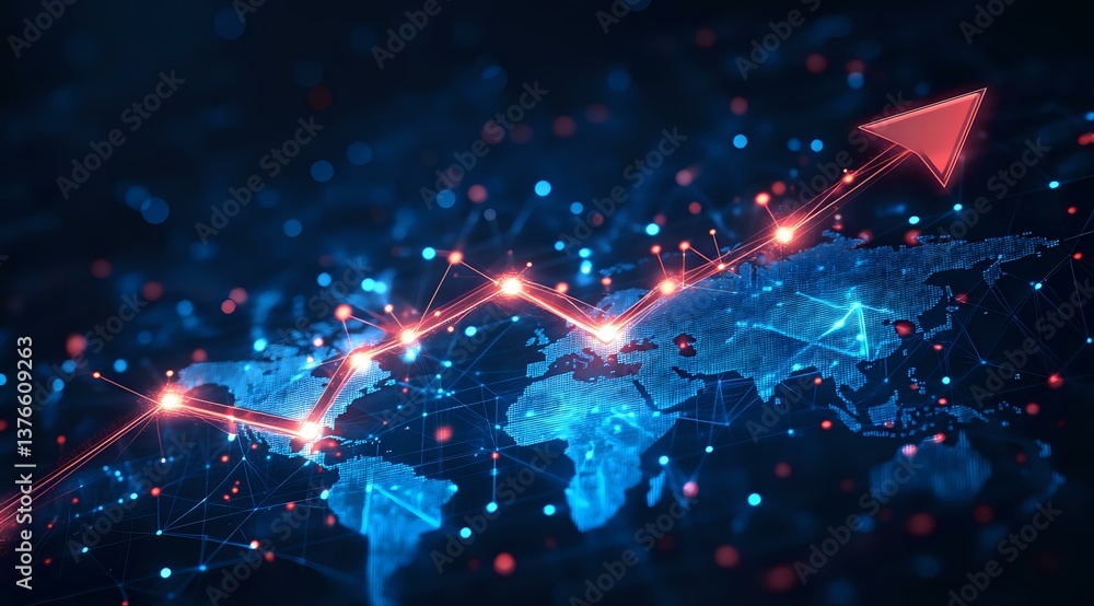 Poster global financial growth chart with glowing red arrow trending upward over digital world map backgrou