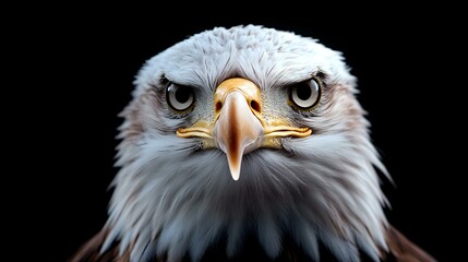Obraz premium Majestic bald eagle head close-up portrait against black background showing intense gaze, sharp beak, and detailed white feathers. Powerful wildlife photography.