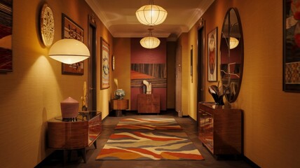 An inviting hallway features warm tones, geometric art, and stylish furnishings for a sophisticated and cozy atmosphere.