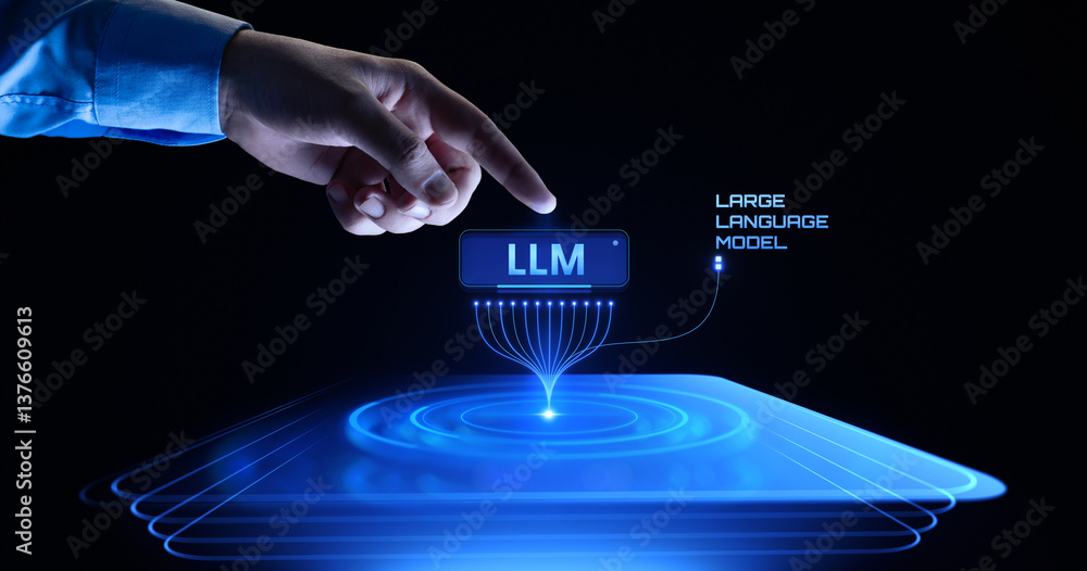 Poster human hand touching large language model neural network. business, technology and science concept
