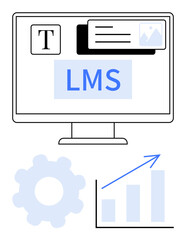 Computer screen showcasing LMS interface with text, image modules, gear, upward graph. Ideal for education, technology, analytics, productivity e-learning innovation progress. Flat simple metaphor