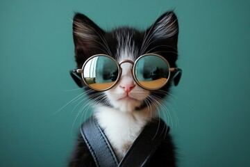 A black and white cat is wearing stylish sunglasses proudly