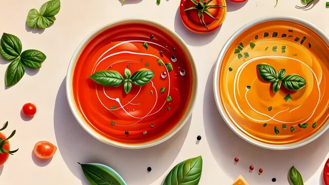Three bowls of cream soup with a variety of colors and garnishes, including basil and tomatoes. The bowls are arranged on a row.