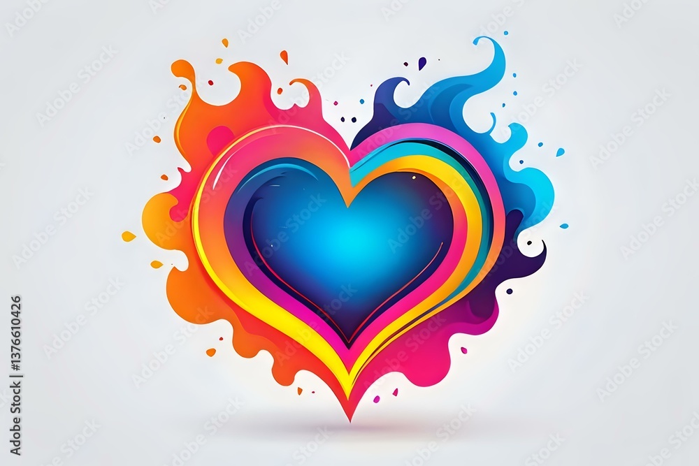Poster vibrant rainbow heart with colorful splash effect on light background, featuring gradient colors fro