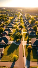 Aerial View of a Serene Suburban Neighborhood at Golden Hour