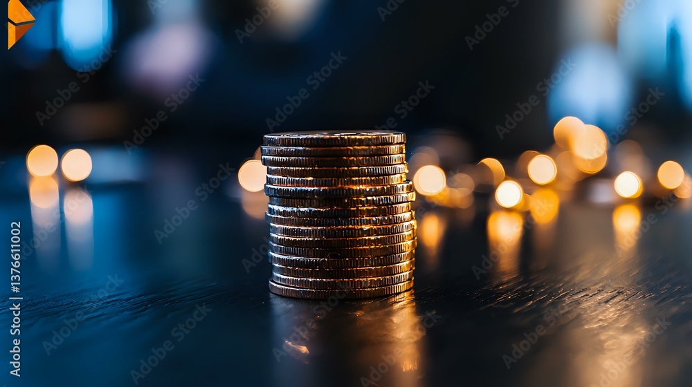 Poster stack of shiny coins on dark wooden surface with soft bokeh lights in background creating atmospheri