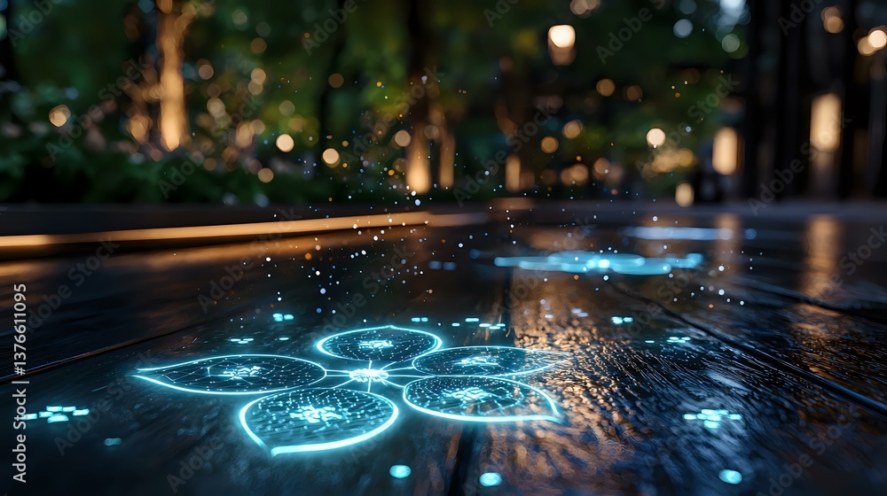 Poster glowing blue hexagonal shapes on wet reflective surface with bokeh lights and rain drops creating at