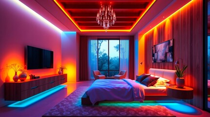 Opulent bedroom with vibrant LED lighting creating a modern, relaxed ambiance. A luxurious retreat designed for comfort and style.