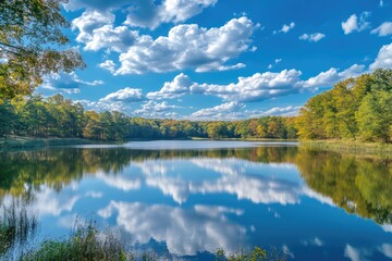 Fototapeta premium Serene Reflections: Tranquil Pennsylvania Lake with Trees and Fluffy Clouds Under a Blue Sky
