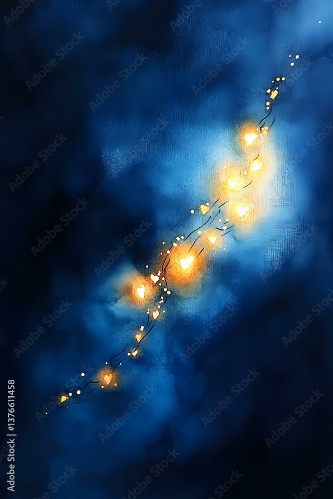 Poster glowing magical lights floating diagonally across deep blue night sky background with sparkling part