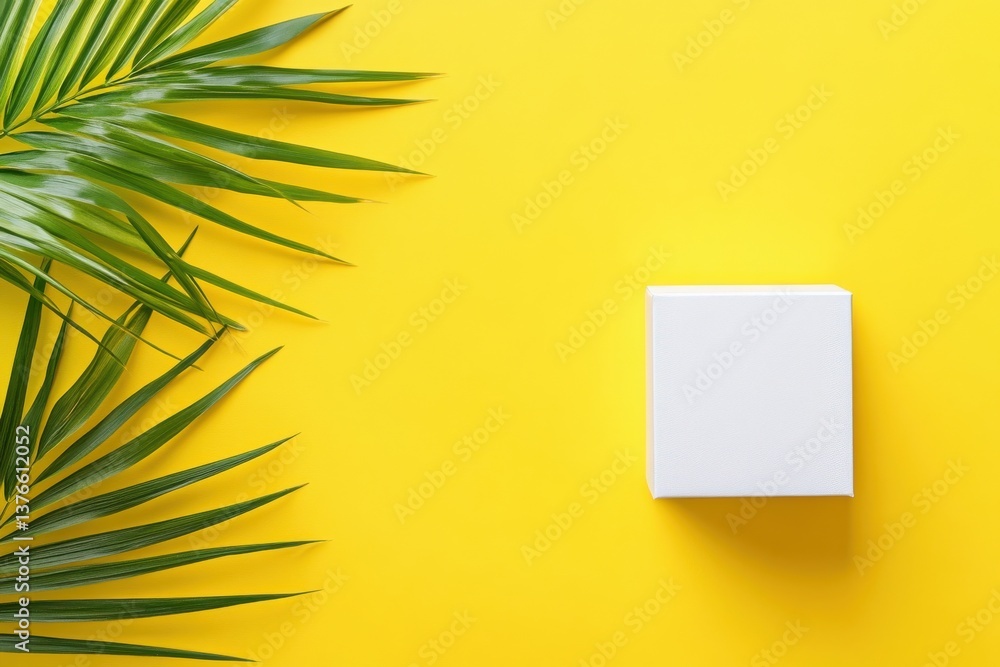 Aufkleber Bright yellow background with green palm leaves and a blank white object positioned to create a minimalistic design