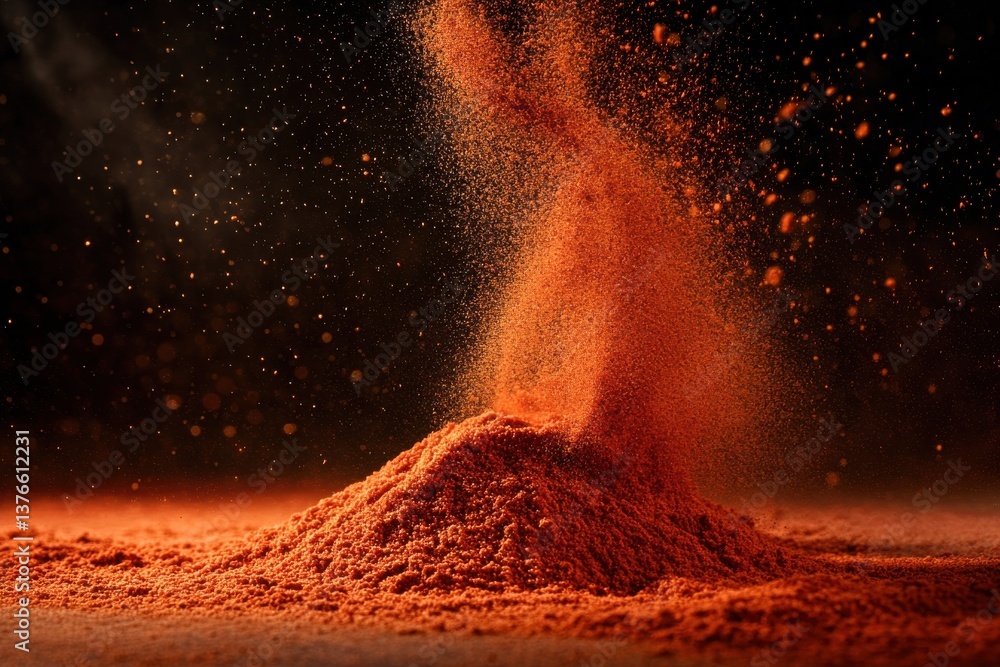 Poster colorful ground spice creating an artistic explosion on a textured surface in dim lighting