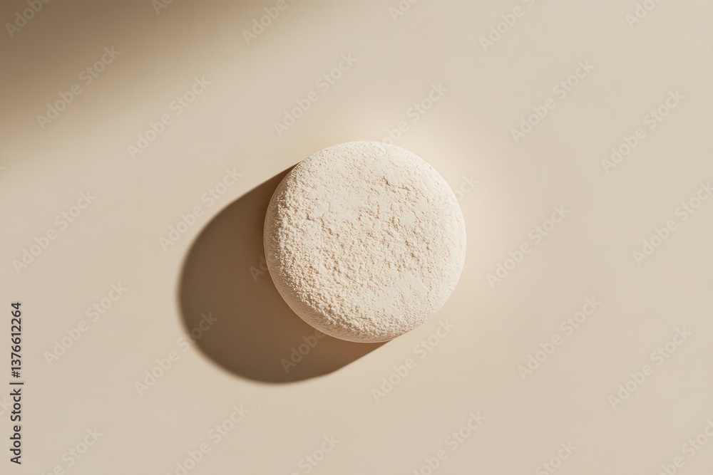 Poster Natural round tablet on a soft surface with gentle shadows highlighting its texture and form during morning light