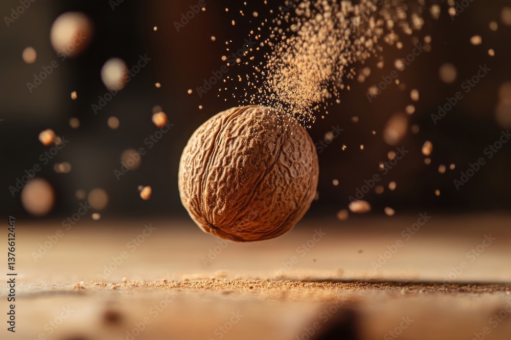 Poster nutmeg pod floating above grated spices in an artistic kitchen setting captured during evening light