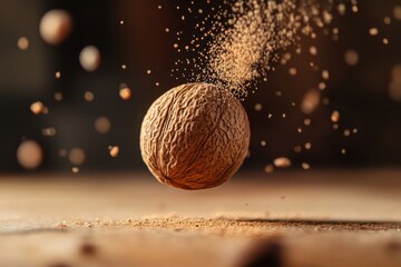 Nutmeg pod floating above grated spices in an artistic kitchen setting captured during evening light