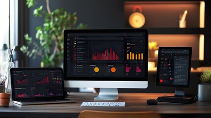 Dynamic modern workspace showcasing multi-device integration home office digital setup contemporary eye-level productivity concept