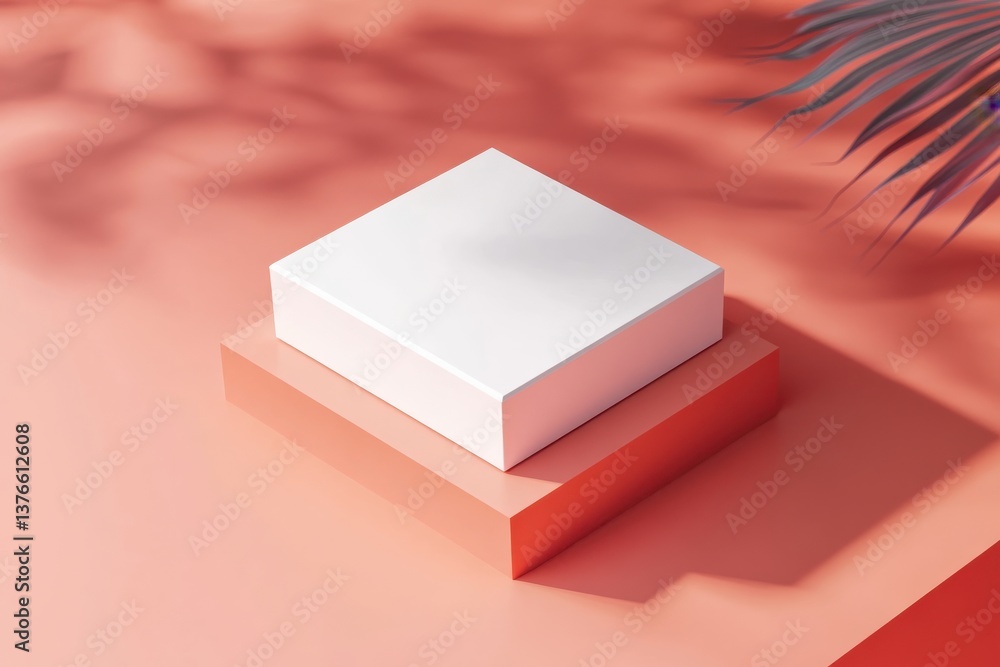 Poster Simple white box displayed on a coral background with soft shadows highlighting its edges and surfaces