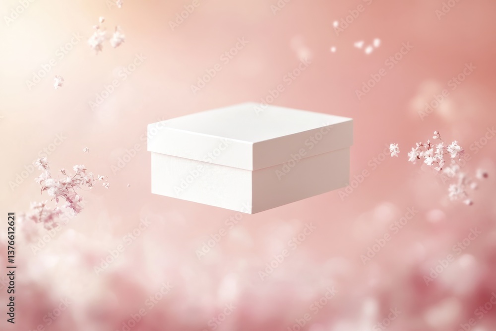 Poster elegant white box floating above soft pastel background with delicate floral elements
