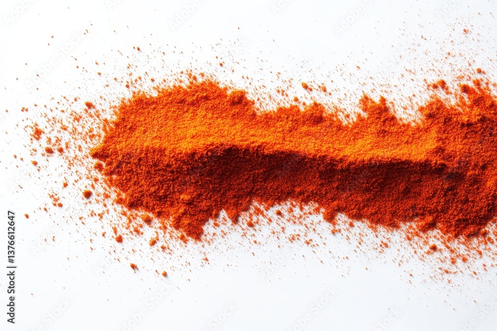 Poster bright red spice powder spread on a white surface showcasing its rich texture during a culinary prep