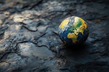 A small globe of earth rests on a rough dark surface