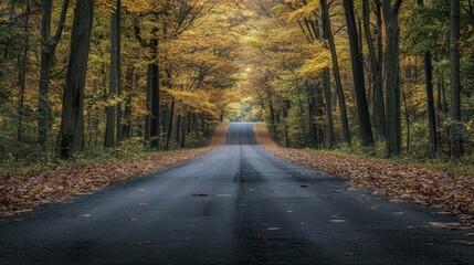 Fototapeta premium Autumn Road Through Dense Forest with Trees Displaying Vivid Yellow and Orange Fall Colors