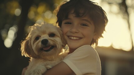 Smiling Hispanic boy embraces small dog outdoors in golden sunlight, creating a warm and joyful moment.