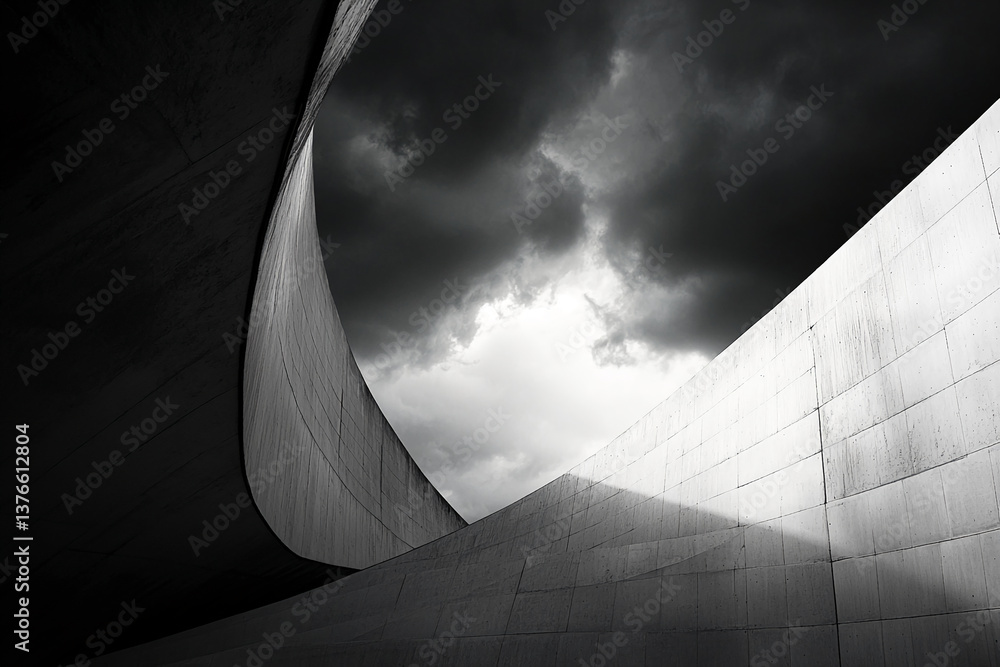 Poster monochromatic image of curved concrete architecture against a dramatic sky, showcasing modern design