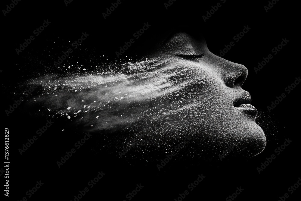 Aufkleber Artistic representation of human face created with fine particles on black background showcasing beauty and grace in abstract form