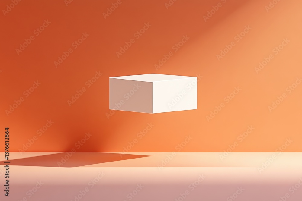 Poster minimalist white cube floating against an orange background during a well-lit afternoon