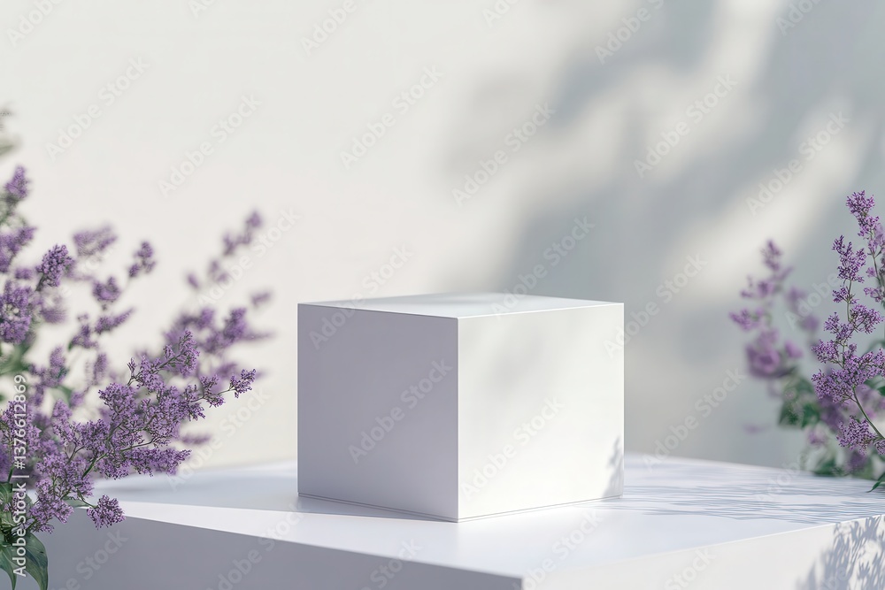 Poster white cube displayed on a pedestal surrounded by lavender flowers in a serene, minimalist setting